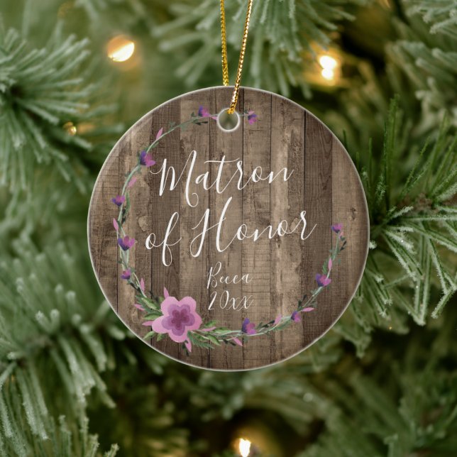 Matron Of Honour Personalised Rustic Floral Wreath Ceramic Ornament (Tree)