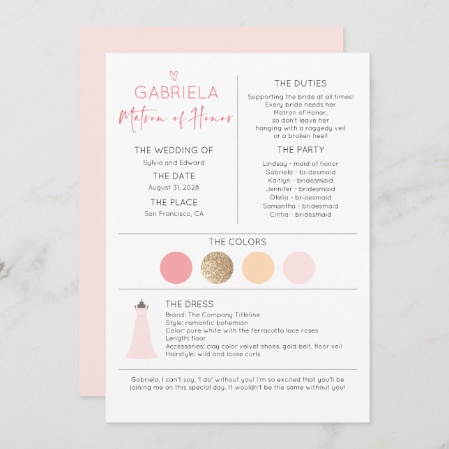 Matron of Honour Proposal & Information (Front/Back)