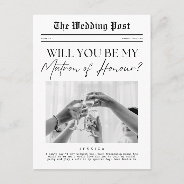 Matron of Honour Proposal, UK Custom Newspaper Postcard (Front)