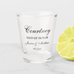 Matron of Honour Script Customised Shot Glass<br><div class="desc">This very classic and traditional shot glass with the word Maid of Honour (which is customisable for any wedding party member), the maid of honour's name in a lovely script font, the bride and groom's names, and their wedding date would be perfect for your most important bridesmaid. It'd be fabulous...</div>