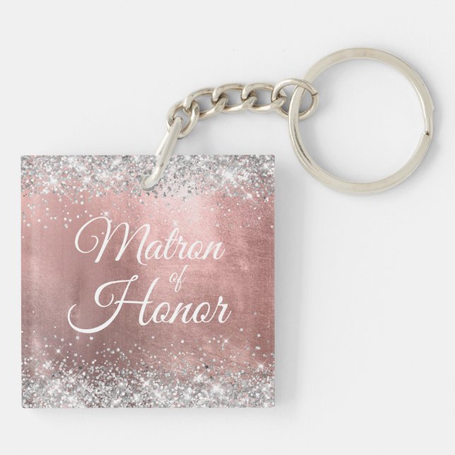 Matron of Honour Silver Glitter Rose Gold Foil Key Ring (Back)