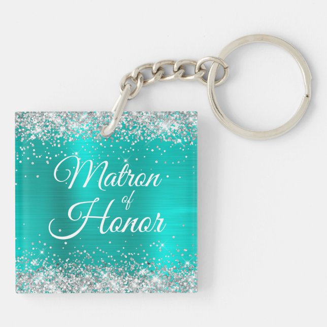 Matron of Honour Silver Glitter Turquoise Foil Key Ring (Back)