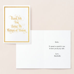 Matron Of Honour Thank You Gold Foil Card