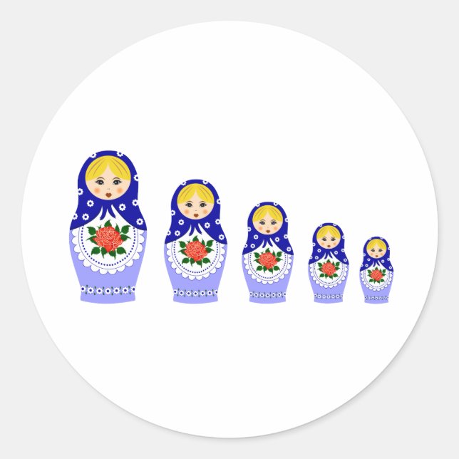 Matryoschka dolls blue classic round sticker (Front)