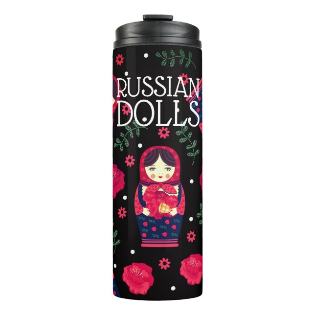 Matryoshka Babushka Russian Dolls Bells Black Red Thermal Tumbler (Front)