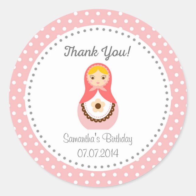 Matryoshka Doll Birthday Thank You Sticker (Front)