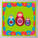 Matryoshka Dolls Poster<br><div class="desc">This adorable matryoshka russian doll illustration features three cute matryoshka dolls in blue,  purple and red with matching headscarves,  pretty eyes,  cheery red lips and rosy cheeks! This russian girl art is the perfect gift to buy for anyone who loves matryoshka and babushka dolls and kitschy original indie artwork!</div>