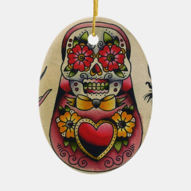 matryoshka sugar skull ceramic tree decoration (Front)