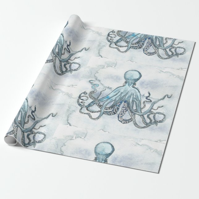 Matt Blue Octopus Wrapping Papger Paper (Unrolled)