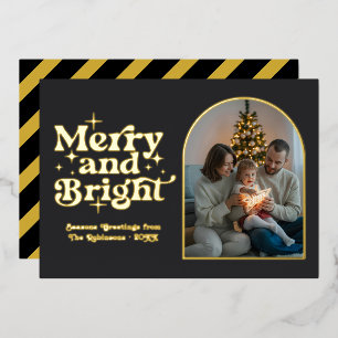 Matte Black & Gold Modern Retro Christmas Photo Foil Holiday Card