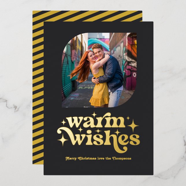 Matte Black & Gold Modern Retro Christmas Photo Foil Holiday Card (Front/Back)