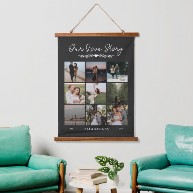 Matte Black Greenery Our Love Story Photo Collage Hanging Tapestry (Living Room)