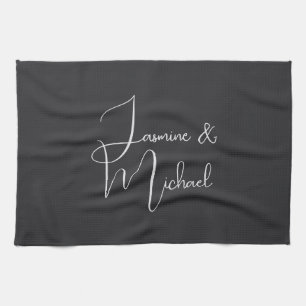 Matte Black Handwriting Couple Names Wedding Tea Towel