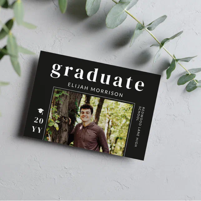 Matte Black Modern Typography Photo Graduation Invitation | Zazzle