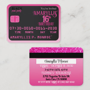 Matte Black Pink Credit Card Birthday Invitations