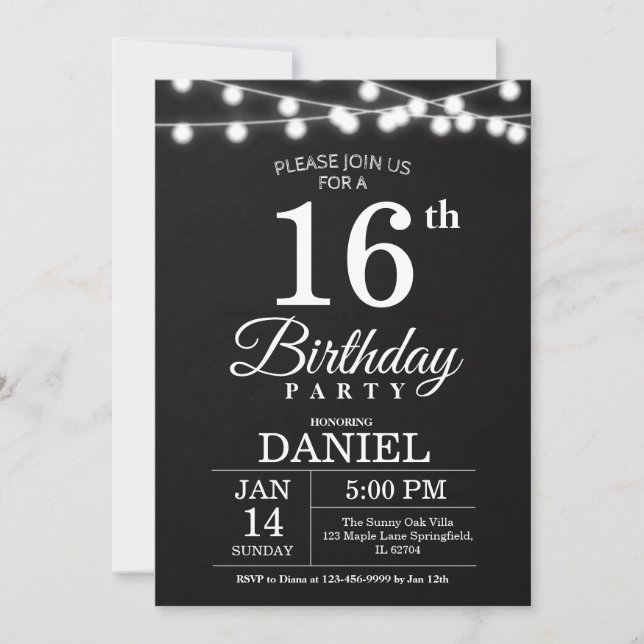 Matte Black String Lights 16th Birthday Invitation (Front)