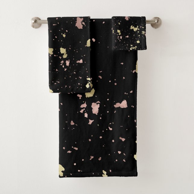 Matte Gold and Rose Gold Flakes Black Bath Towel Set (Insitu)