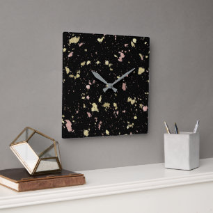 Matte Gold and Rose Gold Flakes Black Square Wall Clock