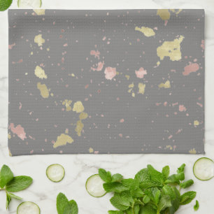 Matte Gold and Rose Gold Flakes Warm Dark Grey Tea Towel