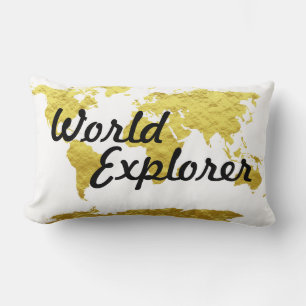 Matte Gold Look World Explorer World Map Lumbar Cushion