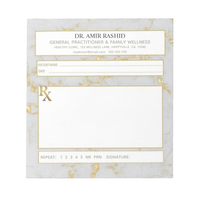 Matte Gold White Grey Marble Doctor Prescription Notepad (Front)