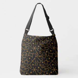 Matte Gold Zodiac Signs and Stars on Black Crossbody Bag