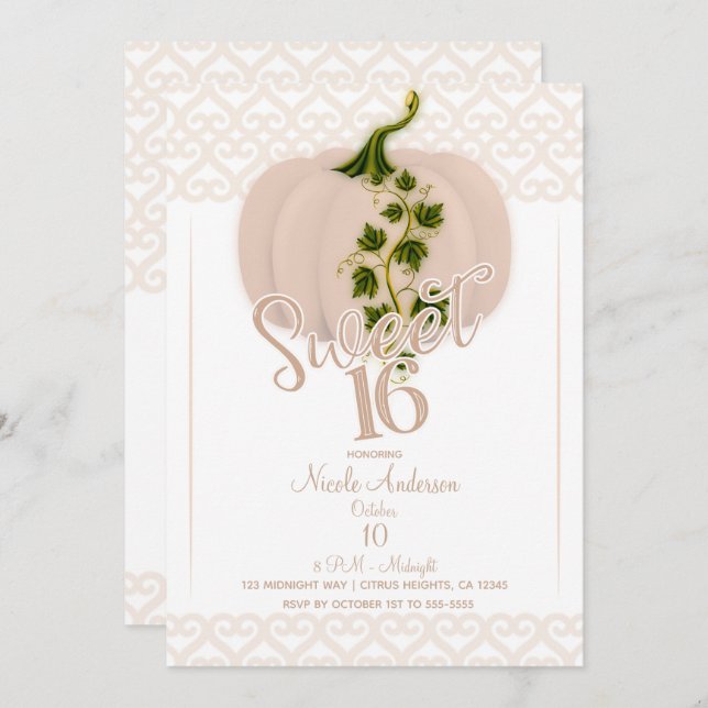 Matte Pink Pumpkin Sweet 16 Hearts Birthday Party Invitation (Front/Back)