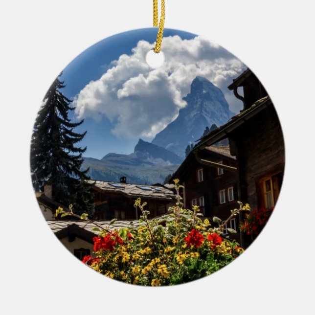 Matterhorn and Zermatt village houses, Switzerland Ceramic Ornament (Front)