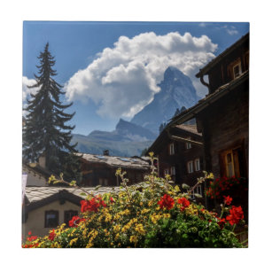 Matterhorn and Zermatt village houses, Switzerland Tile
