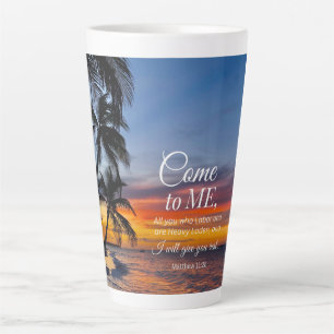Matthew 11:28 Bible Verse Palm Trees Sunset  Latte Mug