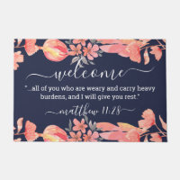 Matthew 11:28 Coral Navy Blue Floral Watercolor