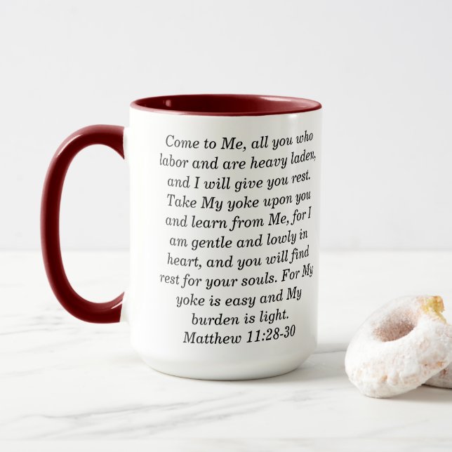 Matthew 11:28 Custom Scripture Two-Tone Coffee Mug (With Donut)