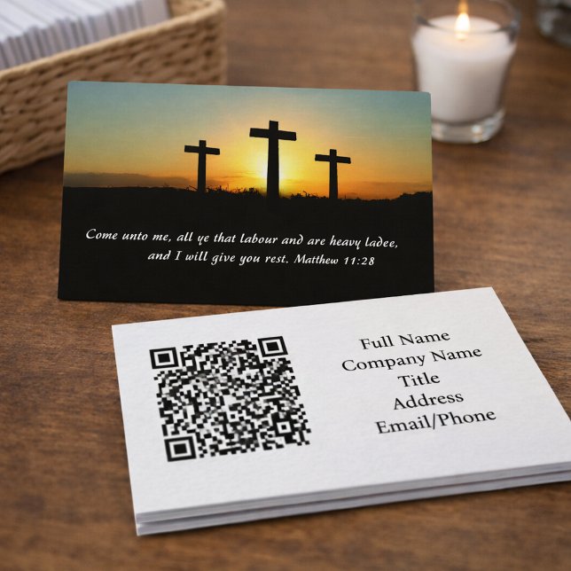 Matthew 11:28 Three Cross Sunset QR code Business Card (Creator Uploaded)