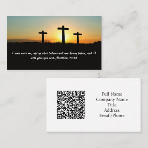 Matthew 11:28 Three Cross Sunset QR code Business Card