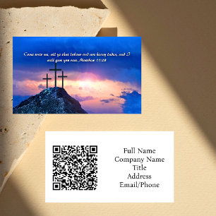 Matthew 11:28 Three Crosses Sunset QR code Business Card