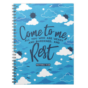 Matthew 11 Bible Verse and Blue Cloud Sky Pattern Notebook