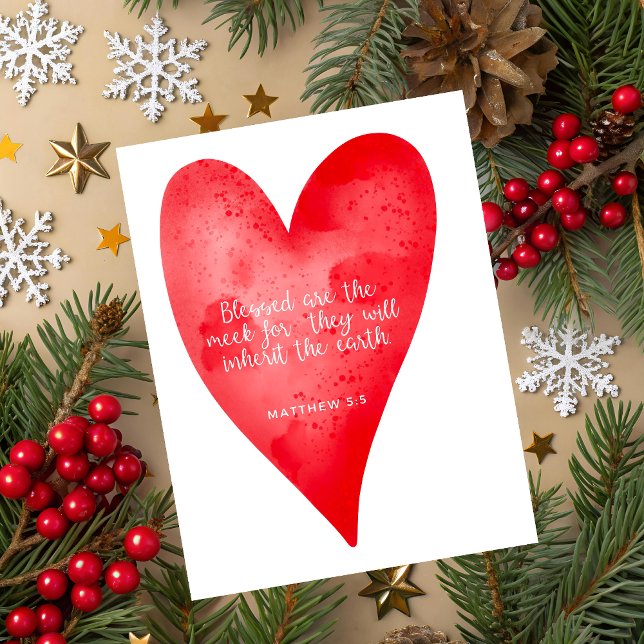 Matthew 5:5 Scripture Christmas Greeting Card (Christmas greeting card with red watercolor heart and Matthew 5:3 Bible verse on white background.)