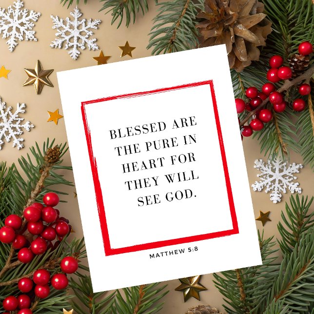 Matthew 5:8 Bible Verse Christmas Greeting Card (Christmas greeting card with red square and Matthew 5:8 Bible verse on beige festive background.)