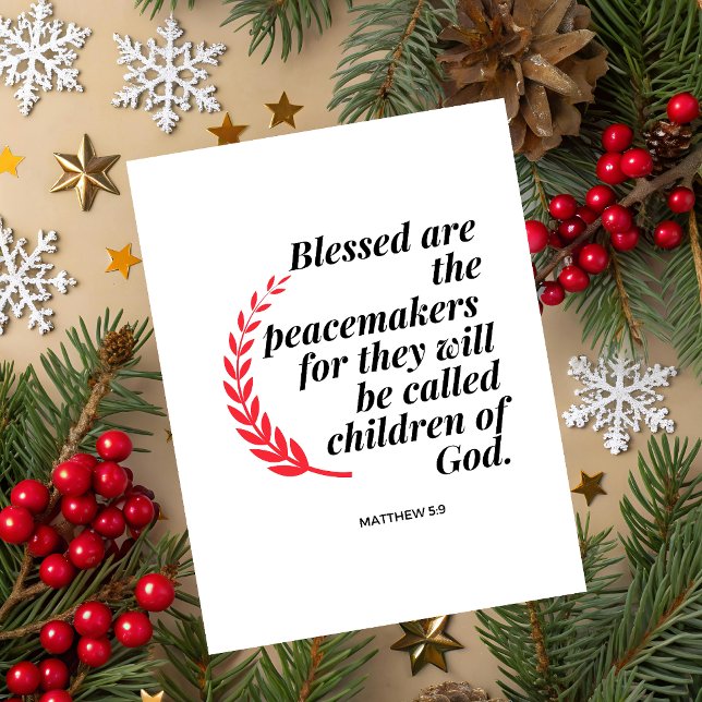 Matthew 5:9 Bible Verse Christmas Greeting Card  (Christmas greeting card with red wreath and Matthew 5:9 Bible verse on white festive background.)