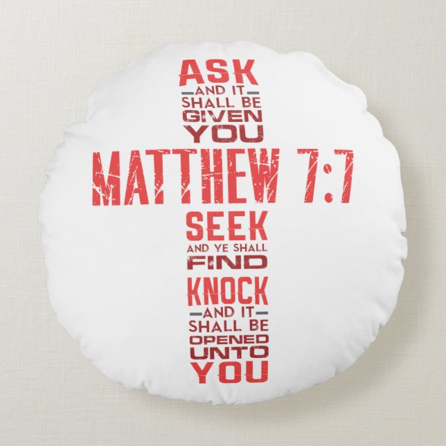 Matthew 7:7 Bible Verse Cross Round Cushion (Front)