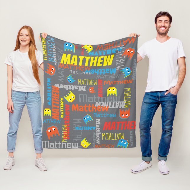 Matthew custom name pixel gaming grey graphic fleece blanket (In Situ)