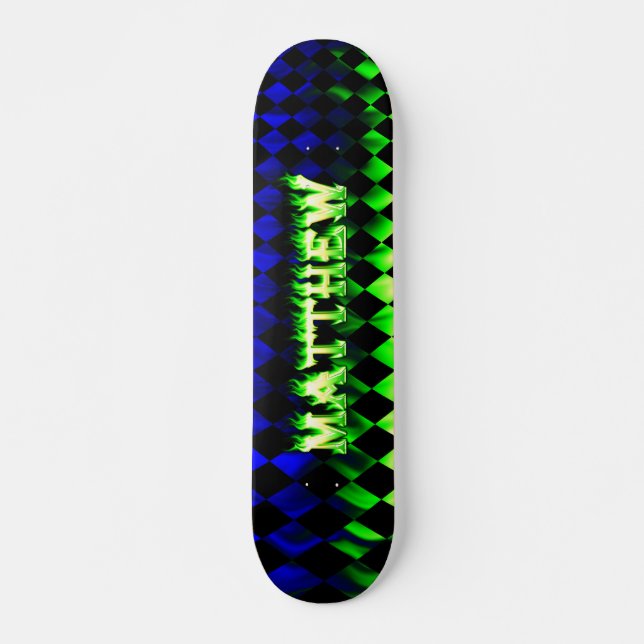 Matthew skateboard green fire and flames design. (Front)