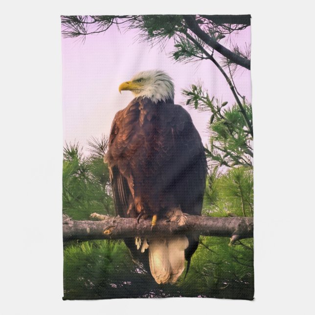 Mature Bald Eagle perched in Evergreen Tree  Tea Towel (Vertical)