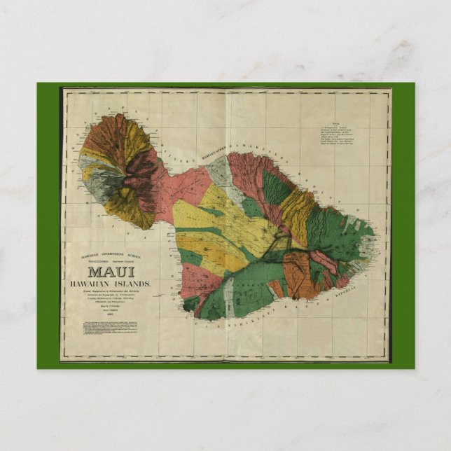 Maui, 1885, Vintage Hawaii Map Postcard (Front)