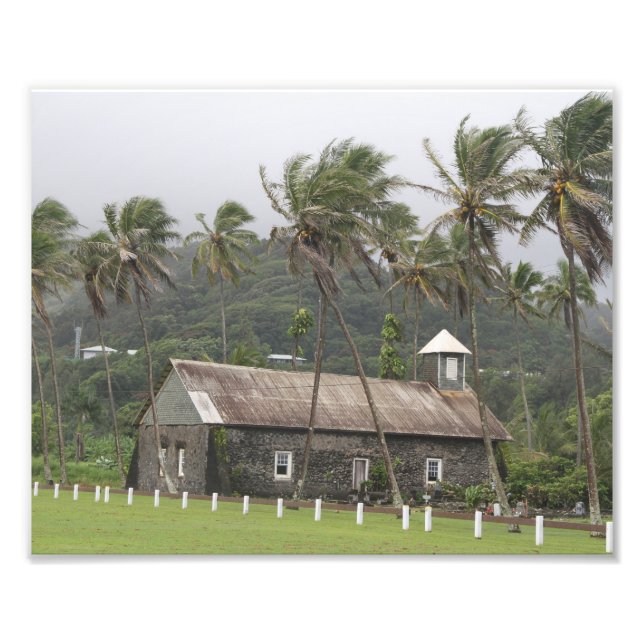 Maui, Ancient Church, Wind blown Palm Trees Photo Print (Front)