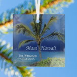 Maui Hawaii Beautiful Custom Keepsake Beach House Glass Tree Decoration<br><div class="desc">Beautiful bold blues behind a green palm tree on tropical island photography for people who love Maui,  Hawaii. Personalise this pretty beach house keepsake Christmas ornament with your family name and year.</div>
