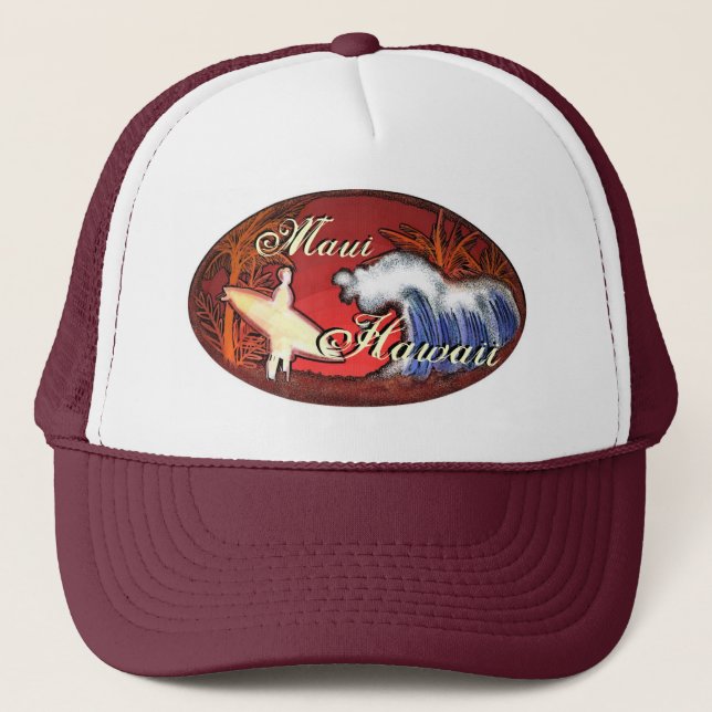 Maui Hawaii surfer waves art brown beach scene hat (Front)