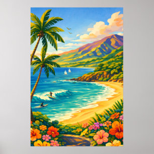Maui Hawaii Tropical Coastline Retro Travel Art Poster