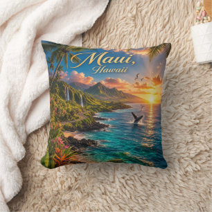 Maui Hawaii Tropical Coastline Travel Poster Cushion