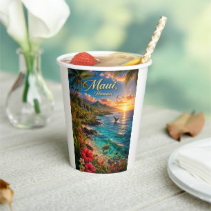 Maui Hawaii Tropical Coastline Travel Poster Paper Cups
